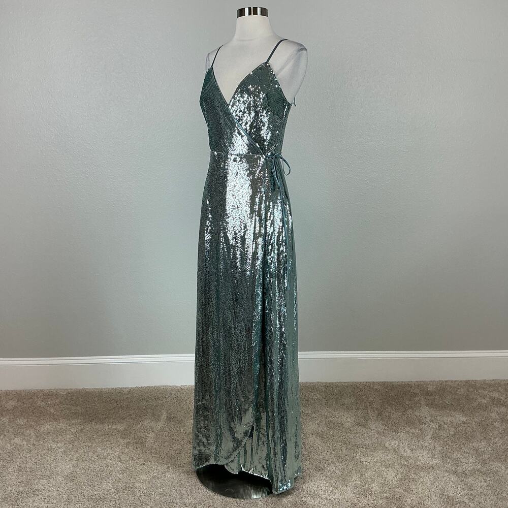 Aidan Mattox Mint Green/Blue Evening Gown Sequined Sleeveless Wrap Dress Size 8 - Picture 5 of 13